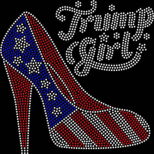 Patriotic Girl rhinestone shirt featuring a sparkling red, white and blue high heel design for Fourth of July celebrations, patriotic events, election-season gatherings and glamorous American pride outfits.