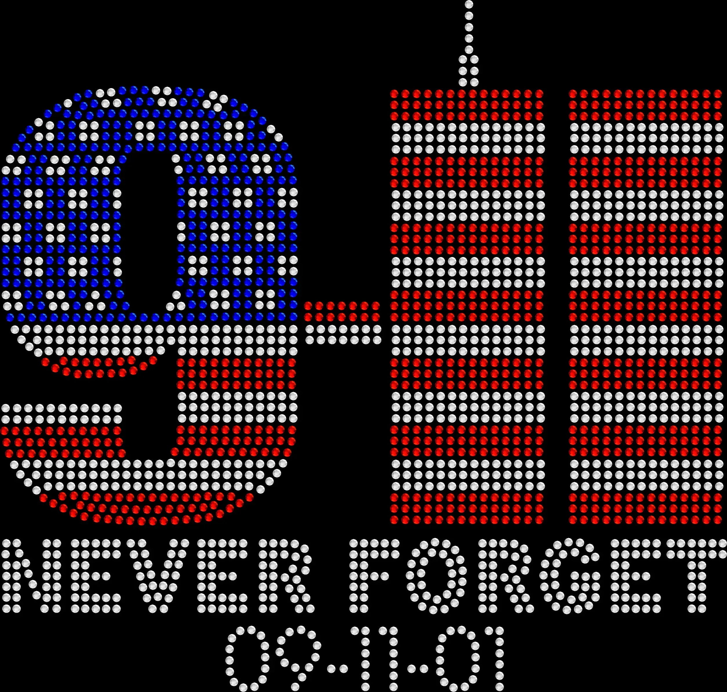 9-11-01 Never Forget rhinestone shirt featuring sparkling Twin Towers memorial design on a soft t-shirt, September 11 remembrance bling apparel