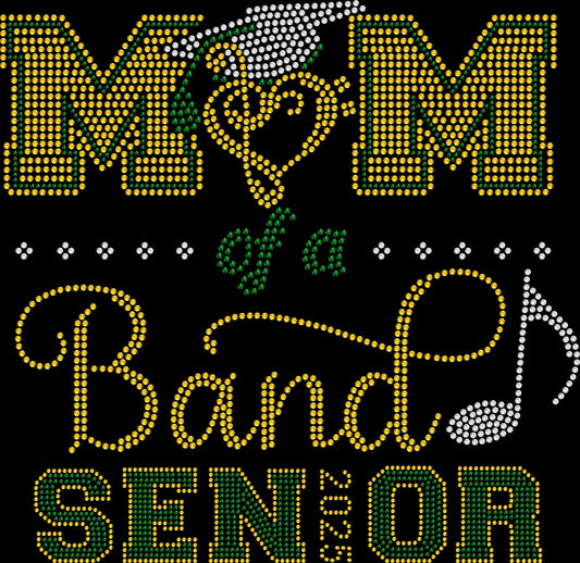Custom Year Mom of a Band Senior shirt personalized with your student's graduation year and created with premium glass rhinestones or holographic spangles. Perfect for Senior Night, football games, marching band competitions, concerts, championships, band banquets, graduation celebrations, senior photos, and proud Band Moms. 🎓🎶🥁🎺💖