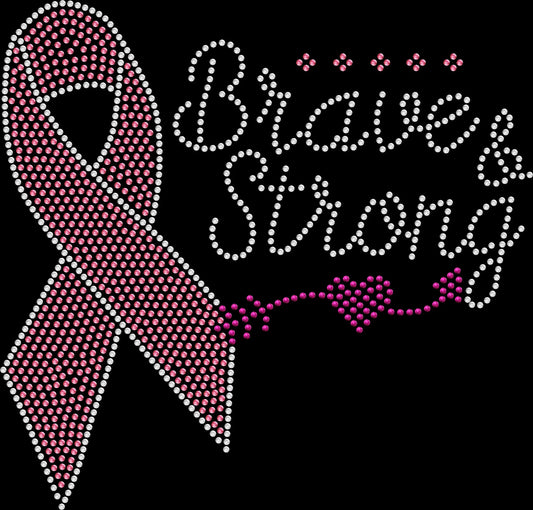 Brave and Strong rhinestone cancer awareness shirt featuring a sparkling customizable awareness ribbon in the wearer's chosen cancer color for fighters, survivors, support teams and awareness events.