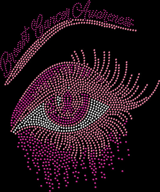 Breast cancer awareness rhinestone shirt featuring a sparkling eye and eyelashes with a customizable cancer awareness ribbon for Pink Out events, fighters, survivors, awareness walks and support teams.