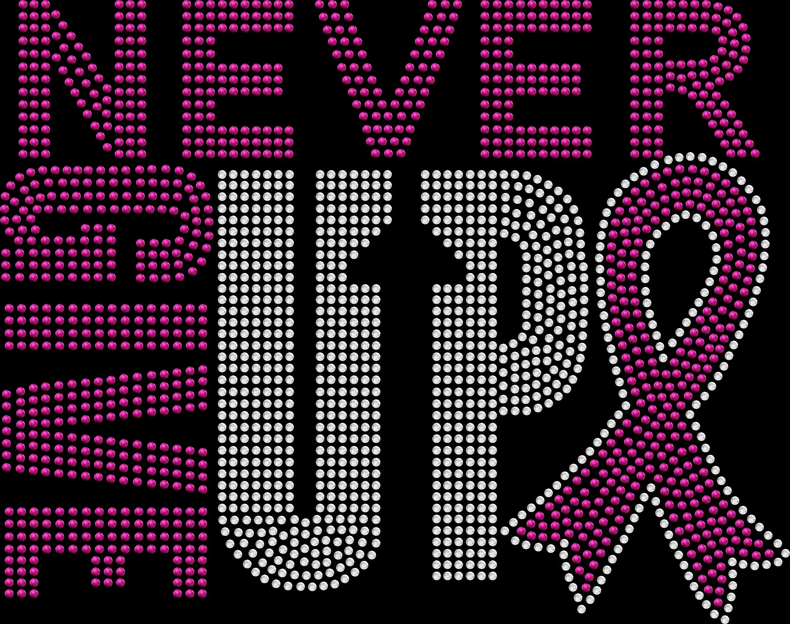 Never Give Up breast cancer rhinestone shirt featuring a sparkling pink awareness ribbon on a soft t-shirt, inspirational breast cancer awareness bling apparel