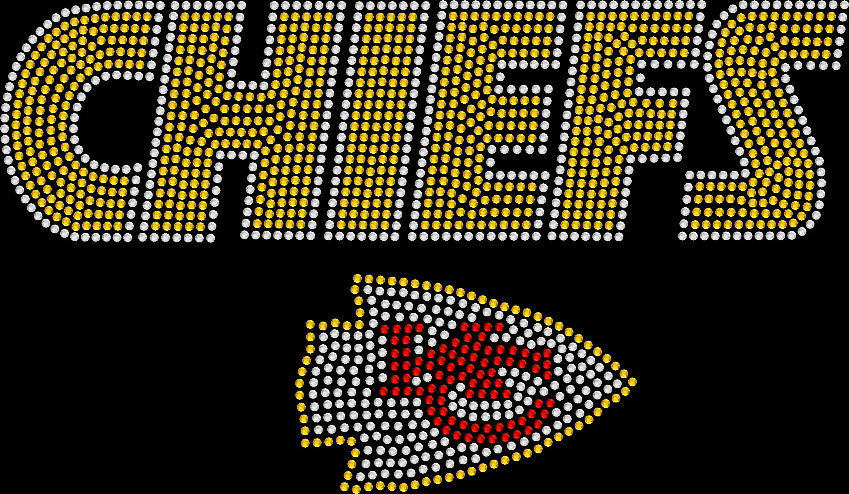 Chiefs rhinestone shirt featuring bold sparkling Chiefs lettering with a small arrowhead accent underneath, designed for football game days, tailgates, school spirit and team supporters.