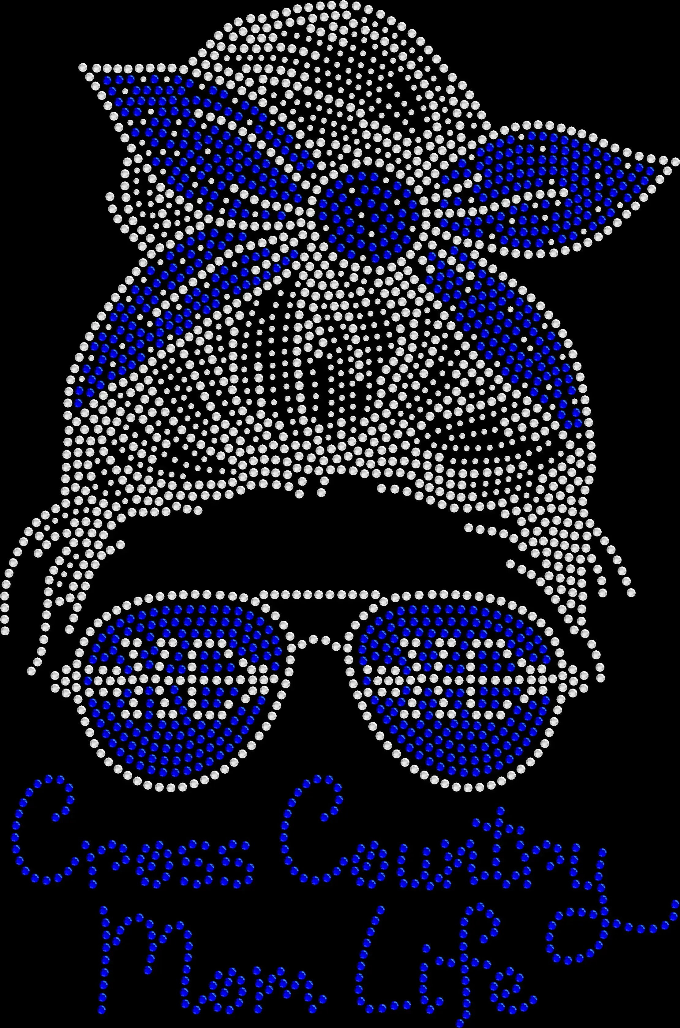 XC Cross Country Messy Bun Mom rhinestone shirt featuring a sparkling mom with sunglasses design for proud runner moms, cross country meets, invitationals, championships and team events.