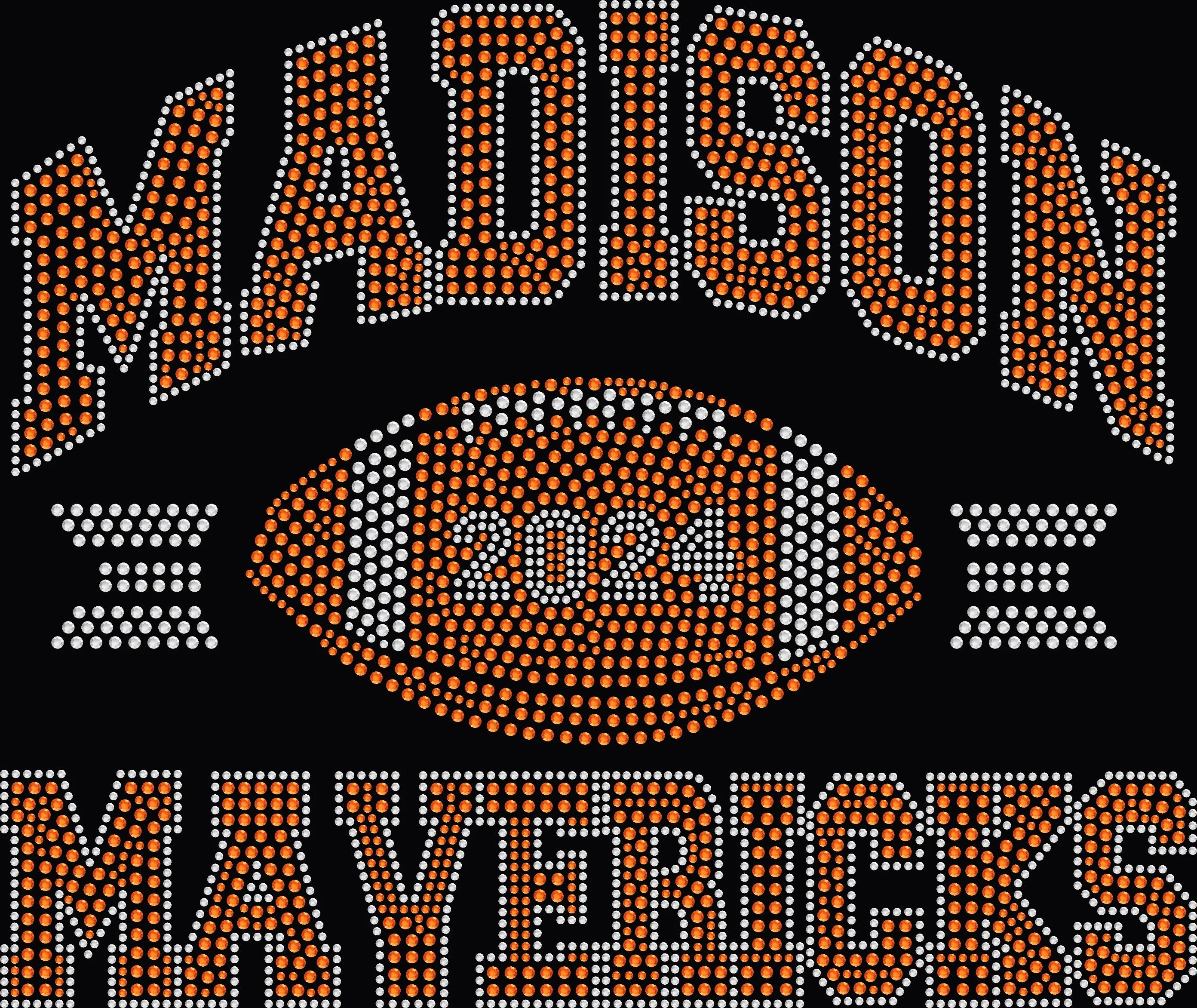 Madison Mavericks rhinestone spirit shirt featuring sparkling team and school pride lettering for students, moms, teachers, families and supporters at games, pep rallies and school events.