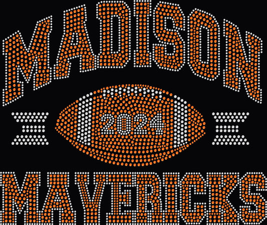 Madison Mavericks rhinestone spirit shirt featuring sparkling team and school pride lettering for students, moms, teachers, families and supporters at games, pep rallies and school events.