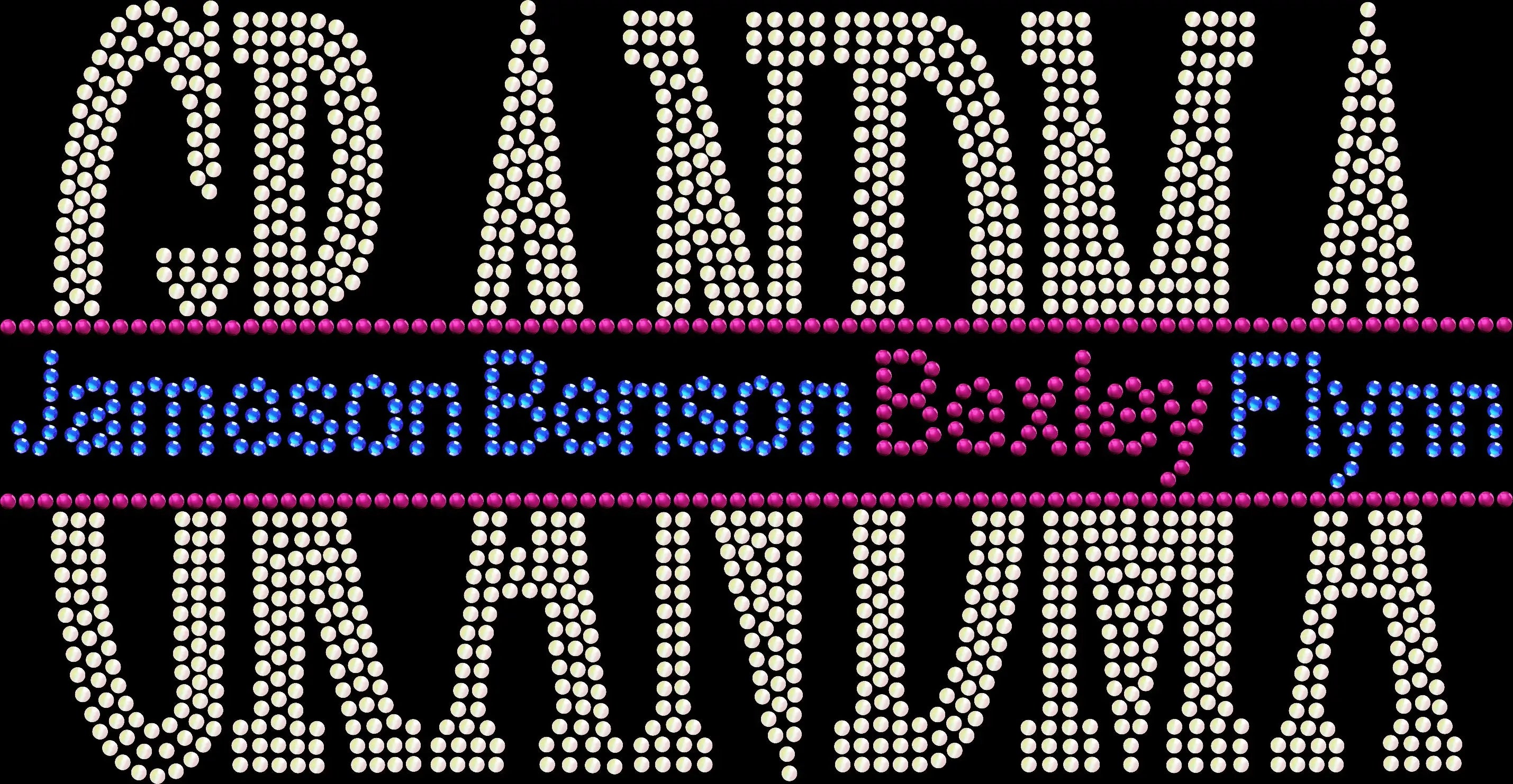 Personalized Split Grandma rhinestone shirt featuring custom grandkid names in sparkling crystal stones on a soft black t-shirt, handmade bling apparel gift for grandmothers