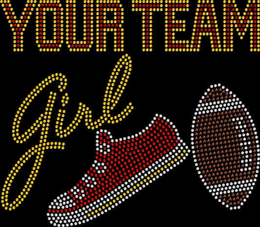 Custom Football Team Girl rhinestone shirt featuring personalized team wording with a sparkling low-top sneaker inspired design in custom football team colors for game days, tailgates and team spirit.