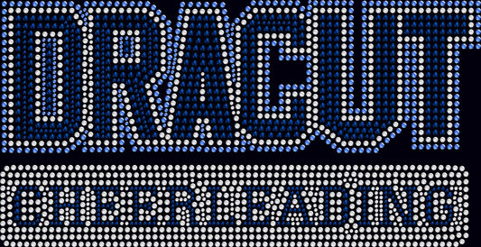 Dracut Cheerleading varsity font rhinestone shirt featuring bold sparkling lettering for cheerleaders, cheer moms, team supporters, competitions, football games and school spirit events.