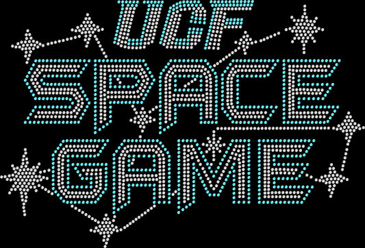 Space Game rhinestone shirt featuring a sparkling black and gold space and college football inspired design for stadium game days, tailgates, watch parties and space-themed football events.