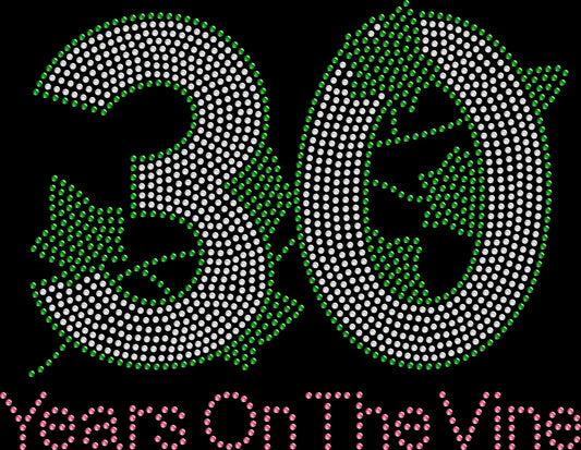 30 Years on the Vine anniversary shirt featuring an elegant vine-inspired design celebrating three decades of sisterhood in premium glass rhinestones or holographic spangles. Perfect for 30-year anniversary weekends, reunions, chapter gatherings, Greek life celebrations, conferences, girls' trips, milestone events, and group photos. 💗💚🍃✨
