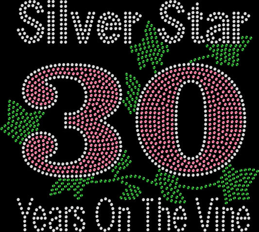 30 Years on the Vine shirt featuring a vineyard-inspired milestone celebration design created with premium glass rhinestones or holographic spangles. Ideal for anniversary parties, reunions, wine tastings, vacations, milestone celebrations, keepsake photos, and elegant celebration apparel. 🍷✨🍇💖🥂