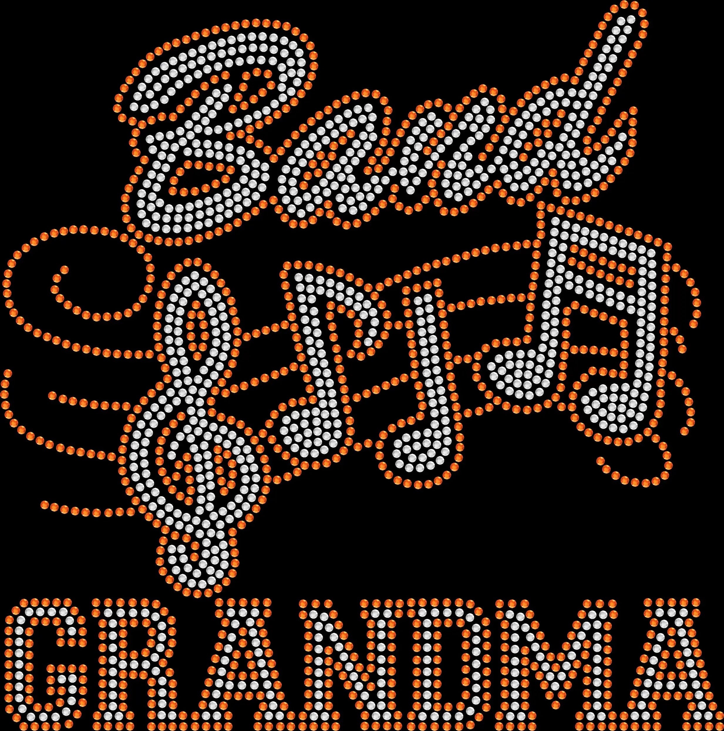 Black rhinestone shirt with sparkling music notes and the phrase ‘Band Grandma,’ musical support tee for band grandmas.