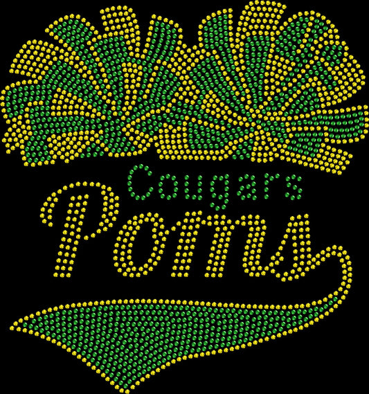 Custom Cougar Poms Team shirt personalized with your team name, school, mascot, or athlete name using premium glass rhinestones or holographic spangles. Ideal for pom competitions, football games, pep rallies, senior night, championship events, team photos, and spirited game day apparel. 📣✨🏆💖🎀