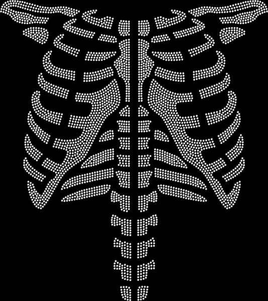 Halloween Skeleton Ribcage shirt featuring a detailed skeleton ribcage design created with premium glass rhinestones or holographic spangles. Ideal for Halloween parties, haunted attractions, pumpkin patches, costume events, spooky season, fall festivals, and stylish Halloween boutique apparel. 💀🎃✨🕸️🧡