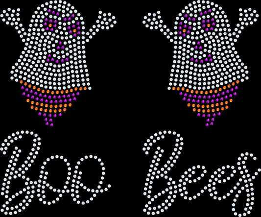 Black rhinestone shirt with two sparkling ghost designs positioned at the chest area and the phrase ‘Halloween Boo Bees,’ a cute pun-style Halloween bling tee.