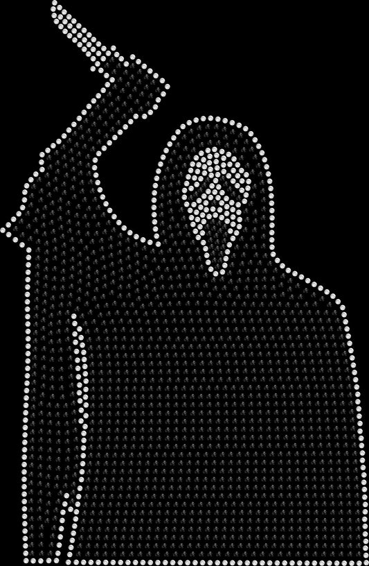 Masked horror figure Halloween shirt featuring a dramatic slasher-inspired design created with premium glass rhinestones or holographic spangles. Ideal for Halloween parties, haunted attractions, horror movie marathons, spooky season, fall festivals, and stylish Halloween apparel. 🔪🎃👻✨🖤