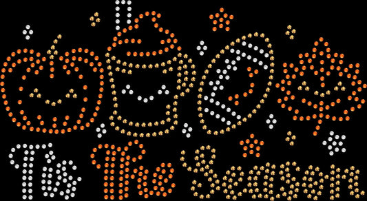 Tis the Season fall shirt featuring a pumpkin latte, football, and colorful autumn leaf design created with premium glass rhinestones or holographic spangles. Ideal for football season, coffee dates, pumpkin patches, fall festivals, apple orchards, family photos, and cozy autumn boutique apparel. ☕🏈🍂🎃✨