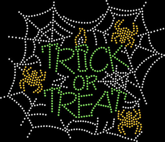 Neon Trick or Treat Spider Web Halloween shirt featuring a bold neon spider web design created with premium glass rhinestones or holographic spangles. Ideal for Halloween parties, haunted houses, trick-or-treating, pumpkin patches, spooky season, festive autumn celebrations, and colorful Halloween fashion. 🕸️💚🎃✨👻