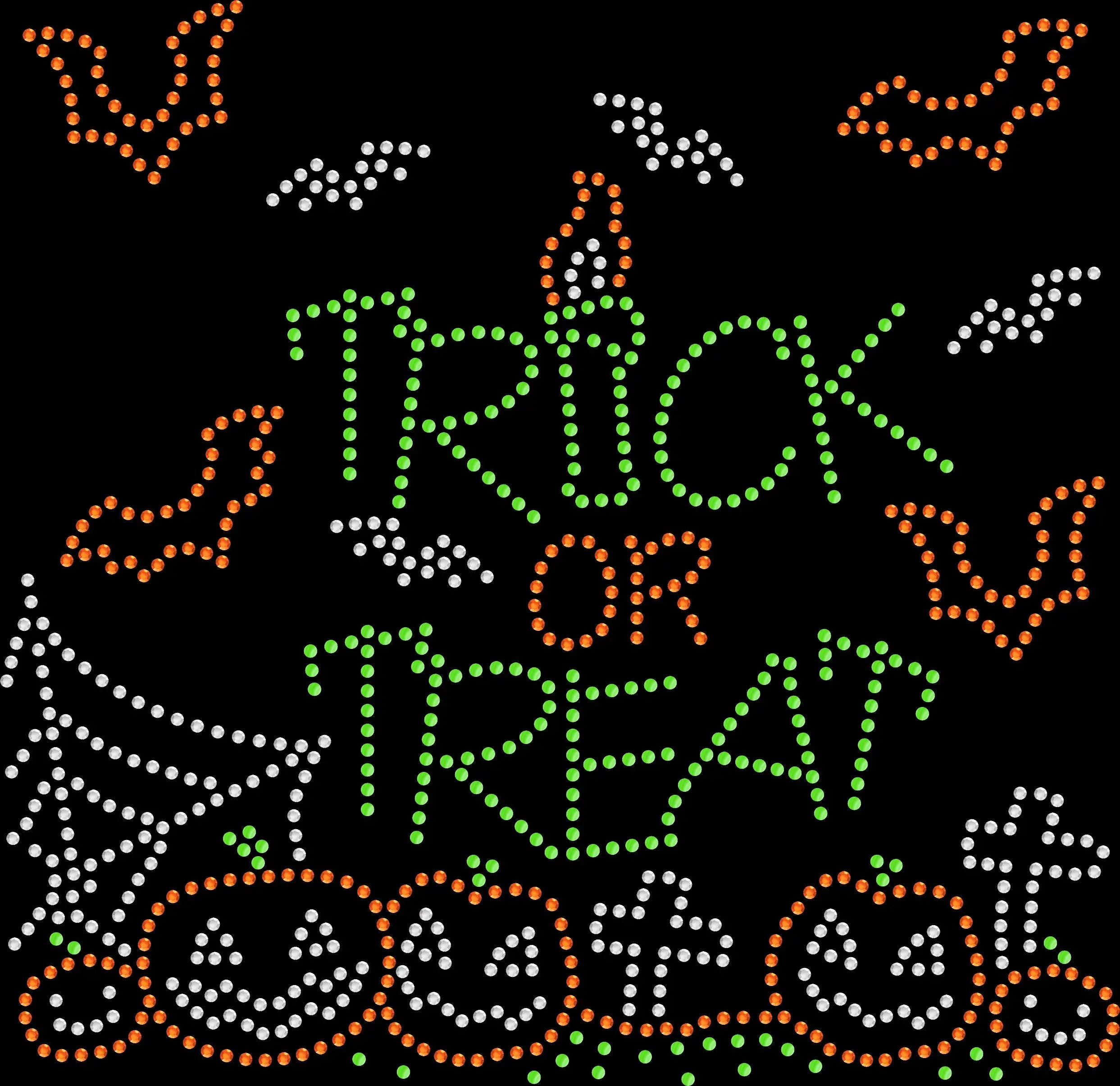 Black rhinestone Halloween shirt featuring pumpkins, gravestones, bats, cobwebs, and the phrase ‘Trick Or Treat,’ sparkly spooky-season tee.