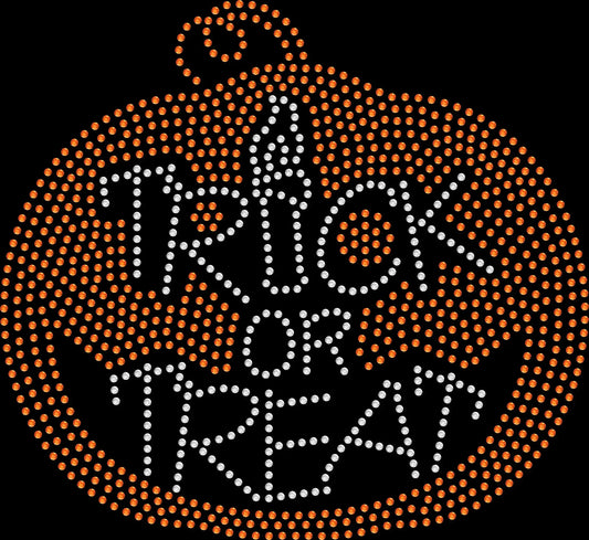 Trick or Treat Pumpkin Halloween shirt featuring a festive pumpkin design created with premium glass rhinestones or holographic spangles. Ideal for trick-or-treating, Halloween parties, pumpkin patches, haunted houses, school celebrations, family photos, spooky season, and festive autumn apparel. 🎃🍬👻✨🧡