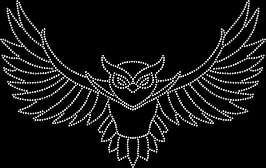 Majestic owl with wings spread shirt featuring a large flying owl design created with premium glass rhinestones or holographic spangles. Ideal for owl lovers, bird watchers, wildlife enthusiasts, nature photography, camping, hiking, woodland adventures, and stylish everyday boutique apparel. 🦉✨🌙🍂💎