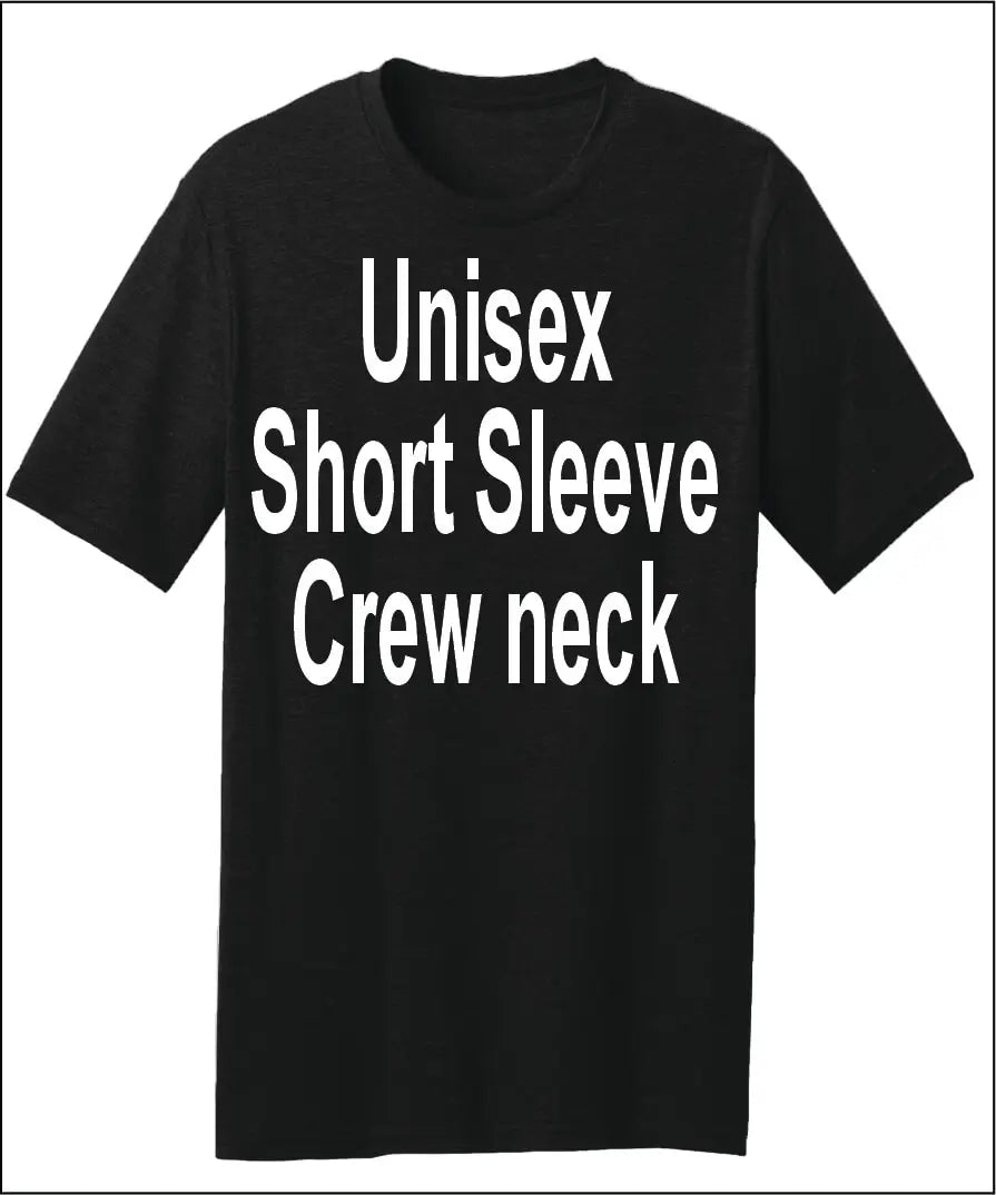 A black short sleeve crew neck t-shirt with white text on it.