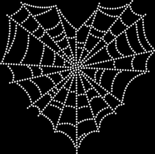Heart Spiderweb Halloween shirt featuring an elegant heart-shaped spiderweb design created with premium glass rhinestones or holographic spangles. Perfect for Halloween parties, pumpkin patches, haunted houses, trick-or-treating, fall festivals, spooky season, and stylish autumn boutique apparel. 🕸️🖤🎃✨❤️