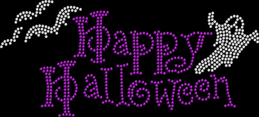 Happy Halloween shirt featuring playful ghosts and bats created with premium glass rhinestones or holographic spangles. Perfect for Halloween parties, trick-or-treating, haunted houses, pumpkin patches, fall festivals, costume events, spooky season, and festive autumn celebrations. 👻🦇🎃✨🧡