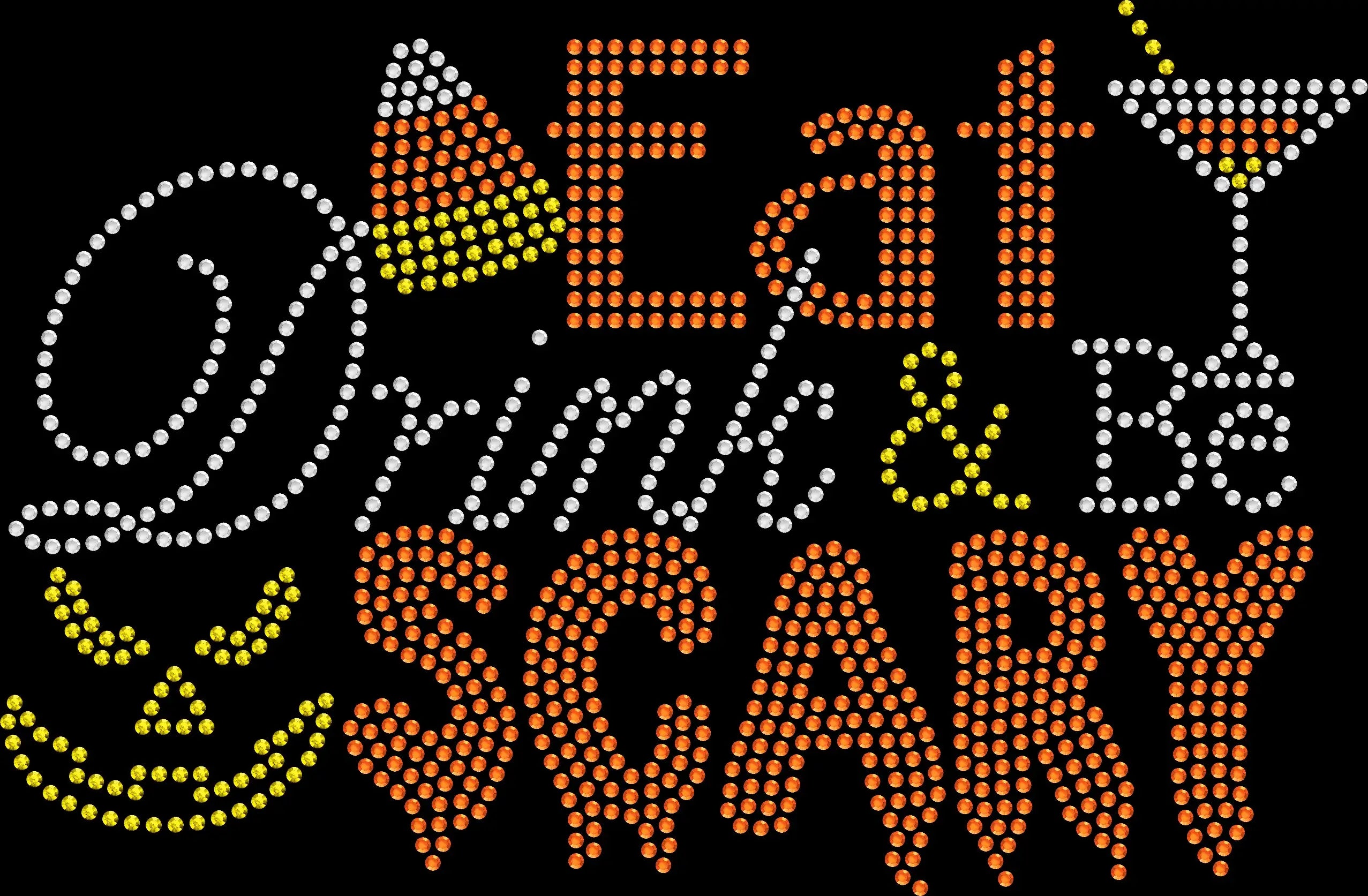 Black rhinestone shirt with candy corn, pumpkin head, and martini glass designs and the phrase ‘Eat Drink and Be Scary,’ sparkling Halloween bling tee.