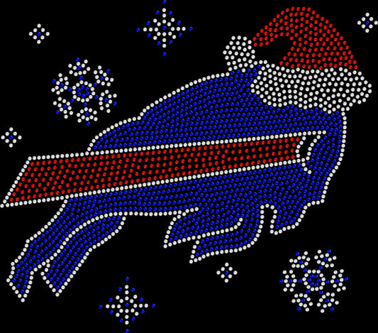Christmas buffalo shirt featuring a festive buffalo silhouette wearing a Santa hat surrounded by snowflakes, created with premium glass rhinestones or holographic spangles. Ideal for football season, holiday parties, winter celebrations, family photos, game days, and cozy Christmas apparel. 🦬🎅❄️✨