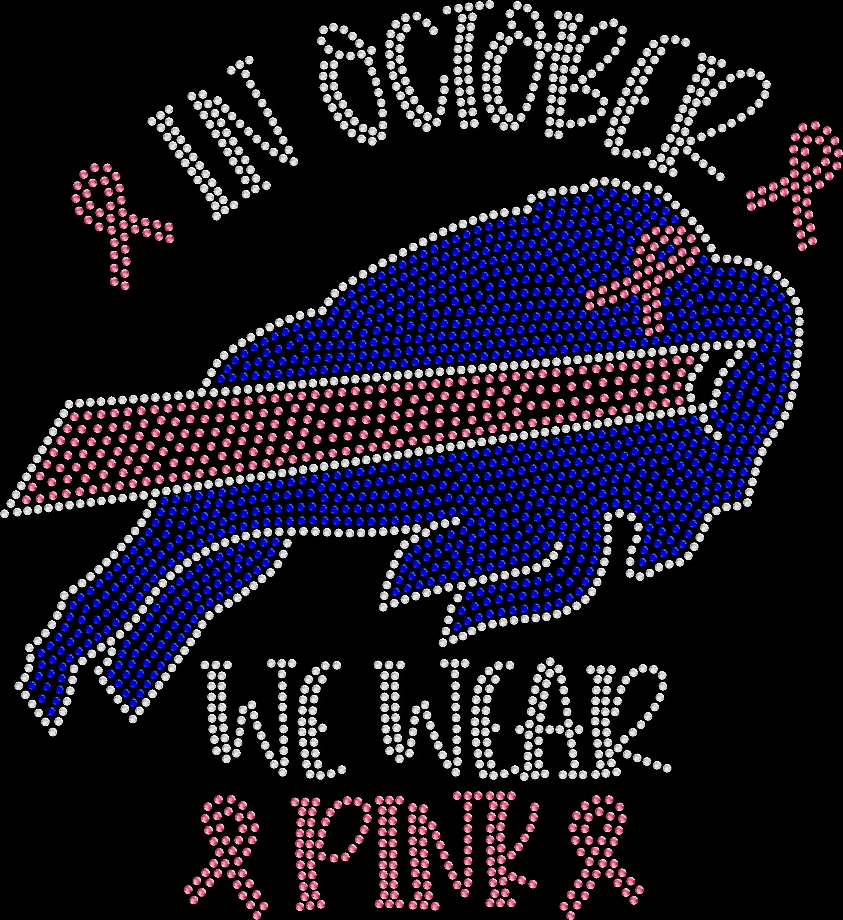 In October We Wear Pink football-inspired shirt featuring pink breast cancer awareness ribbons created with premium glass rhinestones or holographic spangles. Ideal for football season, Pink Out games, awareness walks, fundraisers, survivor support, October events, and spreading hope while showing your support. 🎀🏈💖✨