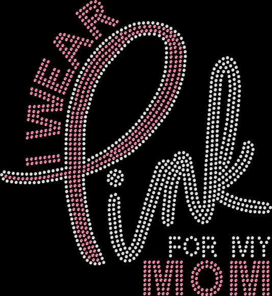 Black rhinestone shirt with a sparkling pink Breast Cancer ribbon and the phrase ‘I Wear Pink For’ with a customizable name such as Mom, Sister, or Grandmother.