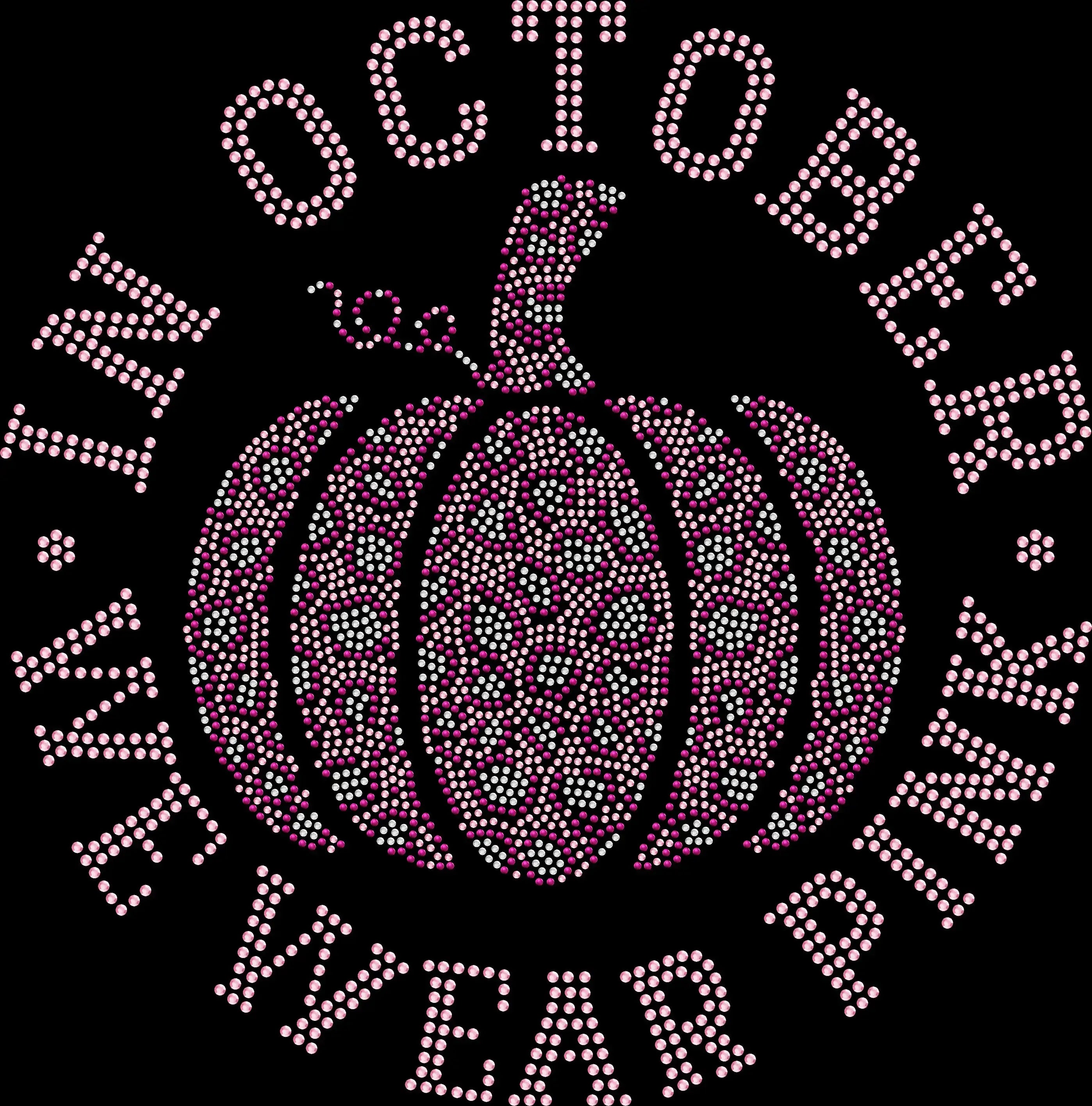 Black rhinestone shirt featuring a sparkling pink pumpkin and rainbow design with the phrase ‘In October We Wear Pink,’ supporting Breast Cancer Awareness Month.”