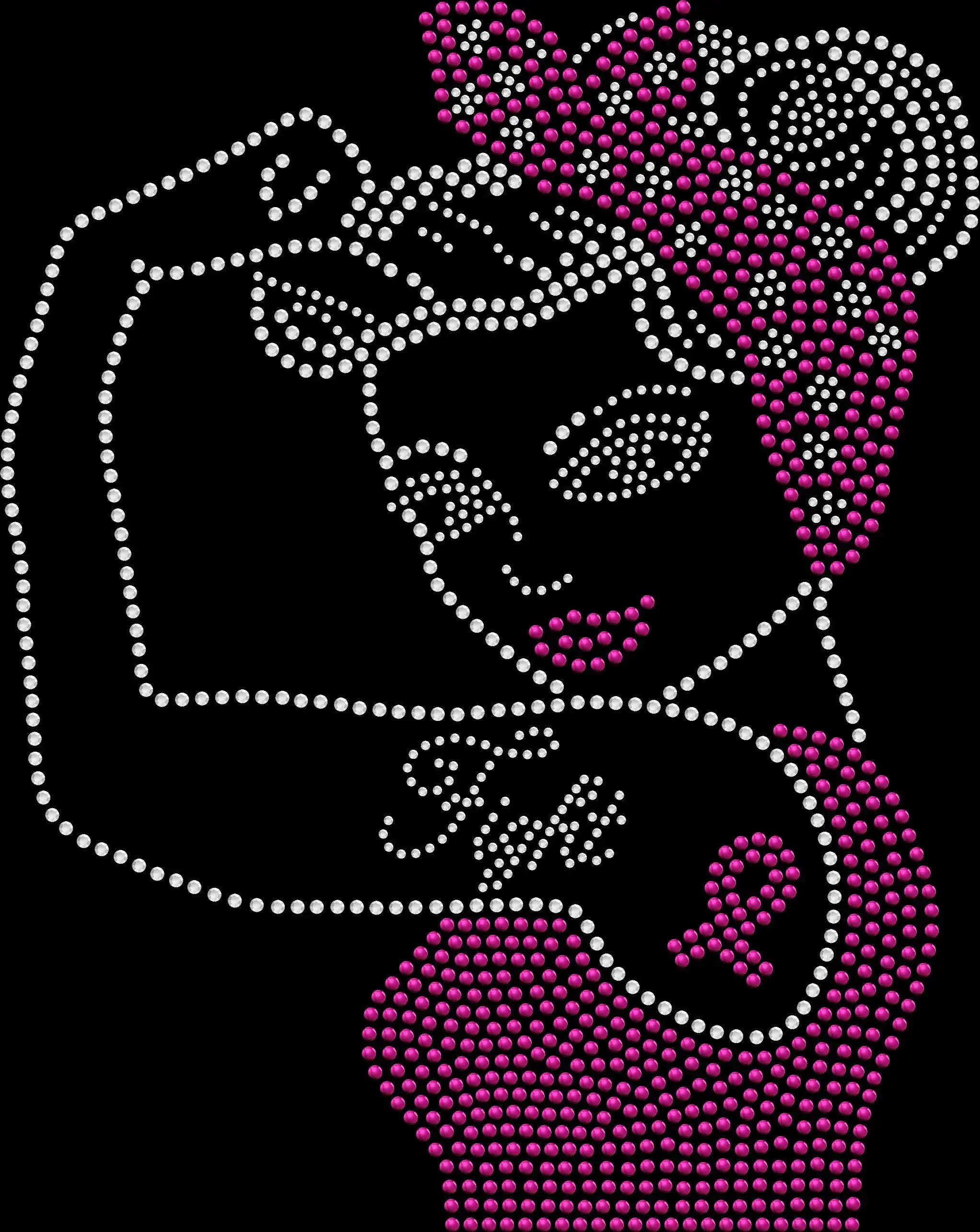 Black rhinestone shirt featuring a Rosie-style woman fighting breast cancer with a sparkling pink awareness ribbon, symbolizing empowerment and survivor support.”