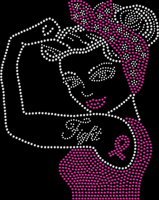 Black rhinestone shirt featuring a Rosie-style woman fighting breast cancer with a sparkling pink awareness ribbon, symbolizing empowerment and survivor support.”