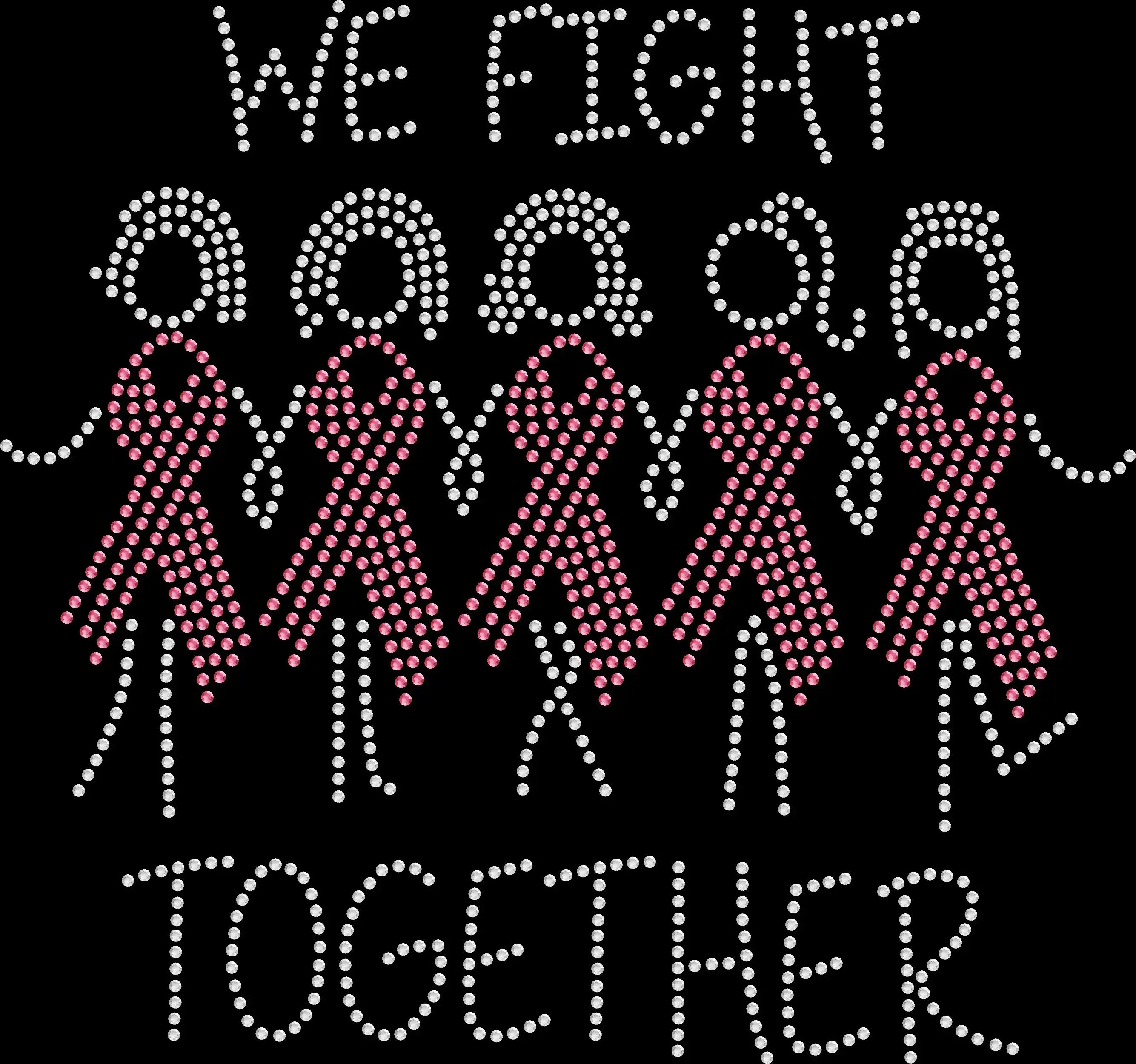 Black rhinestone shirt with the phrase ‘We Fight Together’ featuring a pink breast cancer ribbon and women holding hands in sparkling rhinestones, symbolizing unity and support.