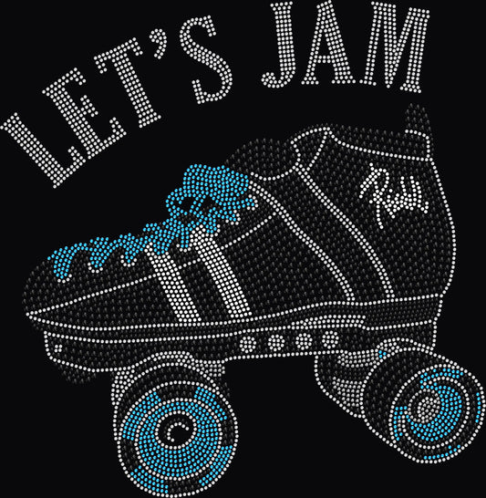 Let's Jam Roller Skate shirt featuring a retro roller skate design created with premium glass rhinestones or holographic spangles. Ideal for roller rink nights, roller skating enthusiasts, disco parties, birthday celebrations, retro fashion, skate events, girls' nights, and stylish everyday wear. 🛼✨🎶💖🌈