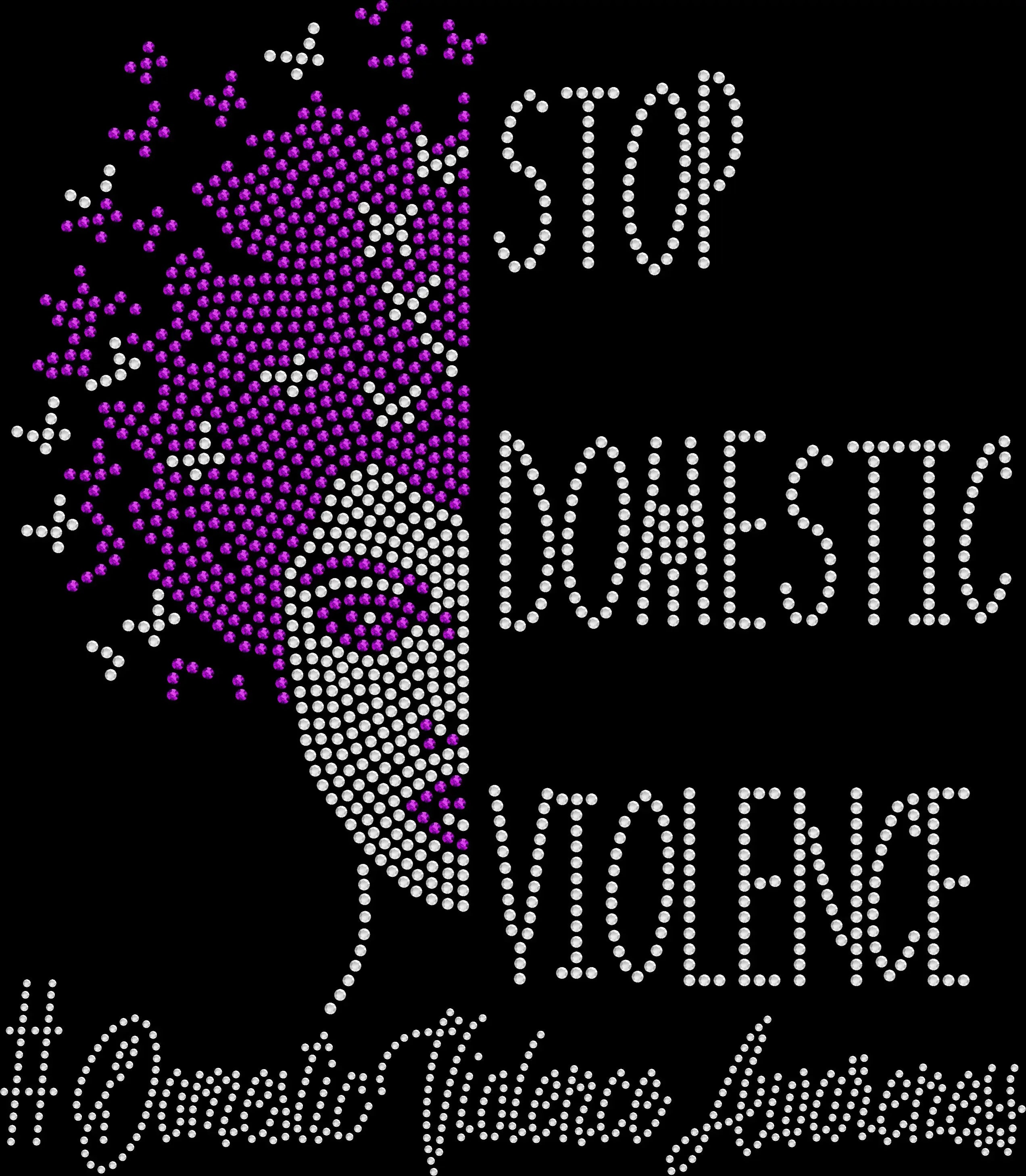 Black rhinestone t-shirt featuring the phrase ‘Stop Domestic Violence’ with a sparkling silhouette of a woman and butterflies in her hair, symbolizing healing and survivor empowerment