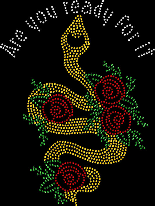 Snake and roses graphic shirt featuring a striking floral serpent design made with premium glass rhinestones or holographic spangles. Ideal for concerts, festivals, western-inspired fashion, boutique apparel, gothic floral style, vacations, girls' nights, and bold everyday outfits. 🐍🌹✨