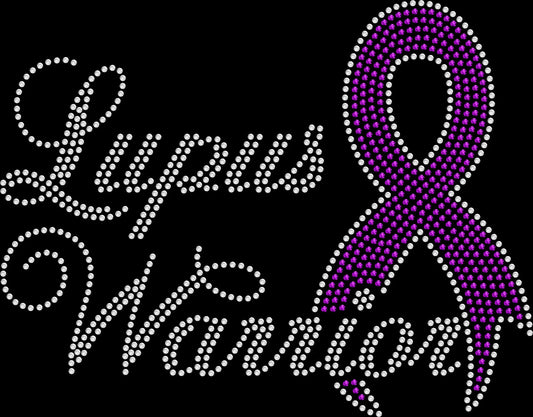 Black t-shirt with sparkling rhinestone text ‘Lupus Warrior’ and a purple rhinestone warrior ribbon, designed for lupus awareness and chronic illness support