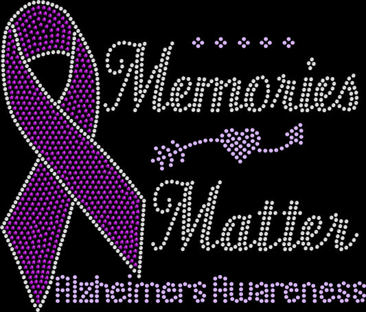 Memories Matter Alzheimer’s Awareness rhinestone shirt with sparkling purple ribbon design; supportive bling tee for fundraising events, caregivers, and advocacy wear.