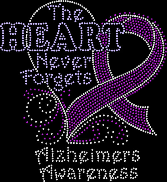 Show support and spread awareness in sparkle style with this The Heart Never Forgets Alzheimer’s Awareness rhinestone shirt. Perfect for caregivers, awareness walks, and support events.