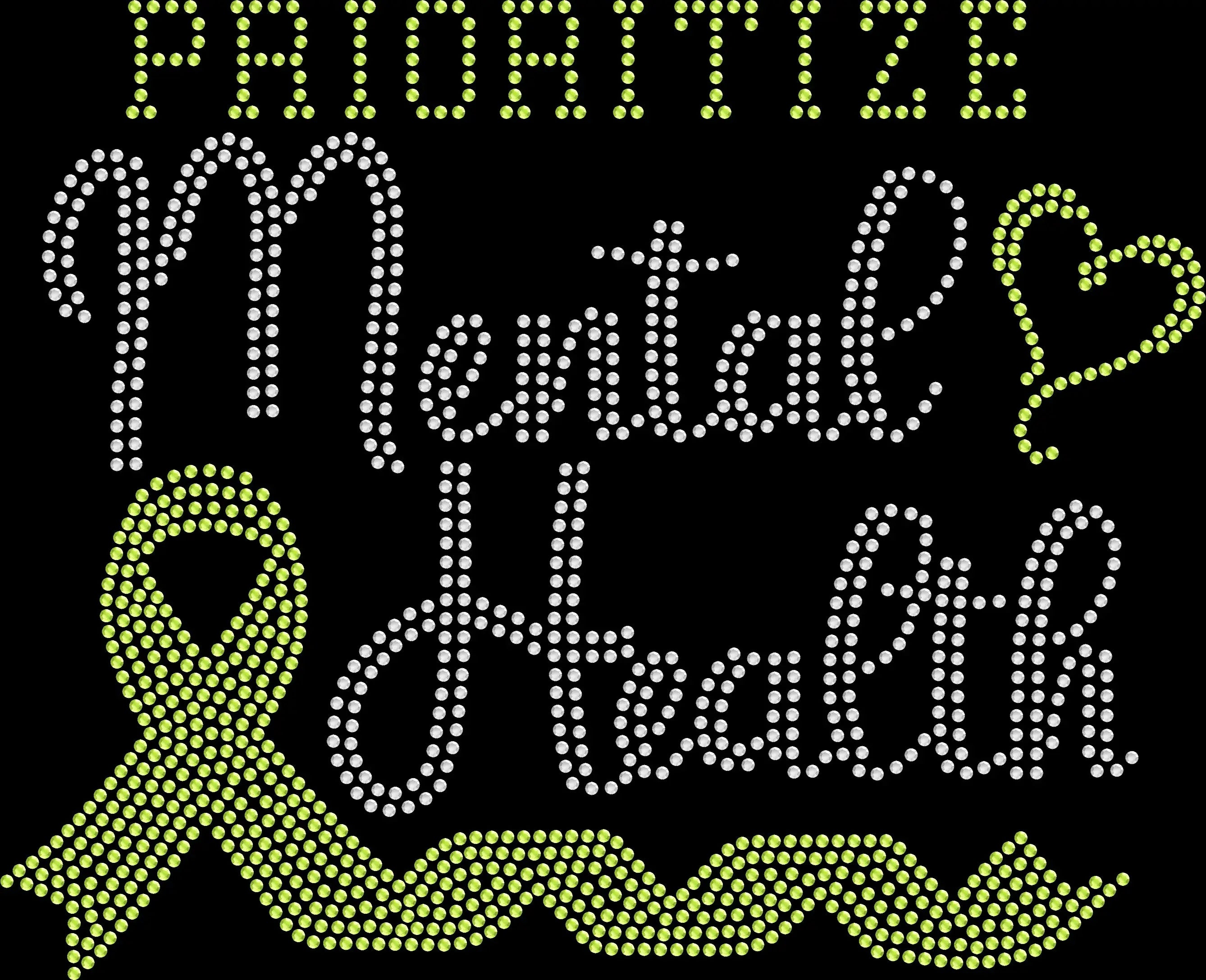 Rhinestone mental health awareness shirt with yellow ribbon and heart design and the words ‘Prioritize Mental Health,’ sparkling advocacy and support tee