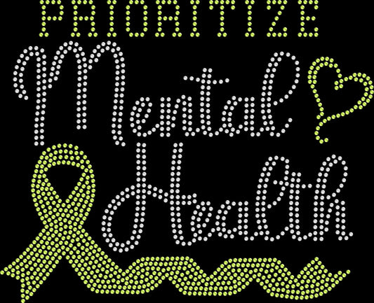 Rhinestone mental health awareness shirt with yellow ribbon and heart design and the words ‘Prioritize Mental Health,’ sparkling advocacy and support tee