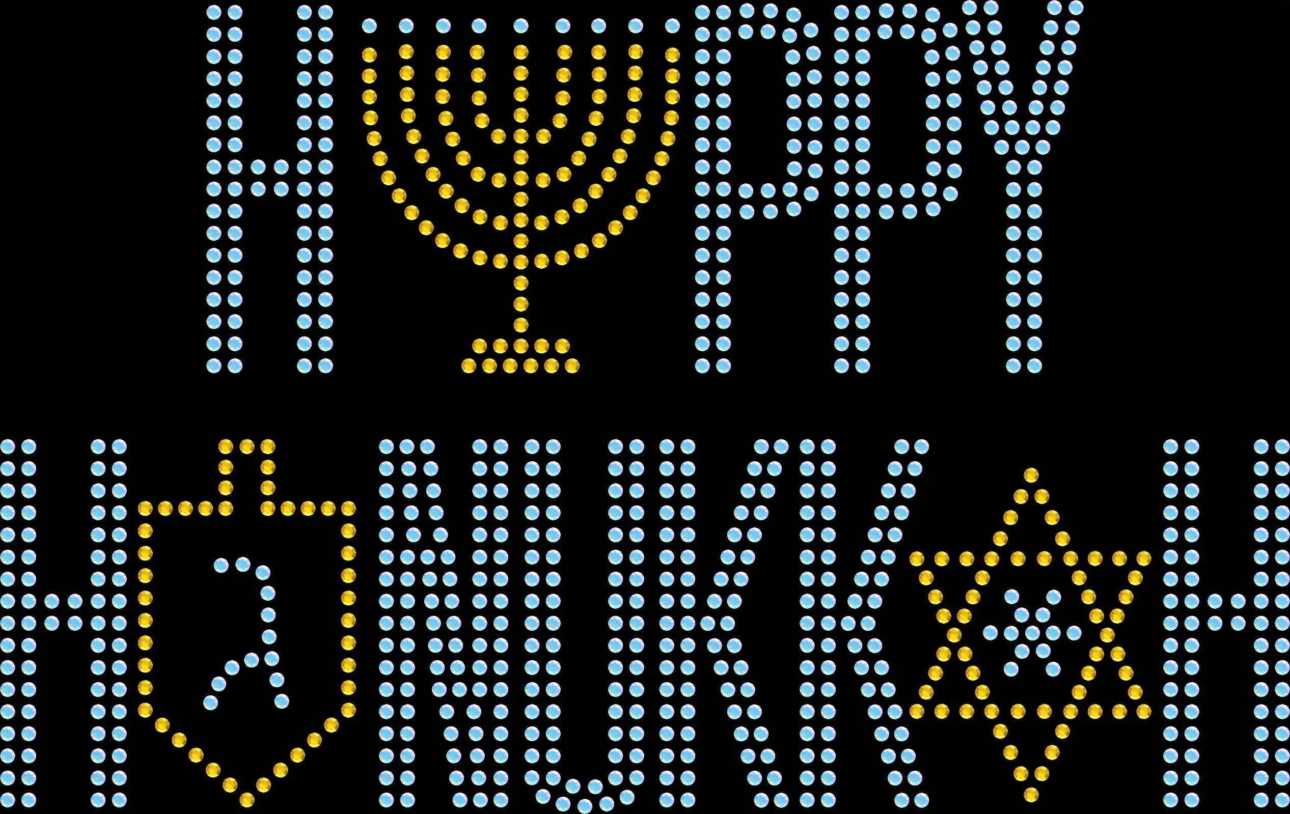 Rhinestone Happy Hanukkah shirt with sparkling menorahs and Star of David design, festive Jewish holiday bling tee for Hanukkah celebrations.