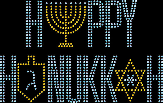 Happy Hanukkah rhinestone shirt featuring a sparkling menorah topped with a Star of David, festive Festival of Lights top for menorah lighting, family gatherings and Hanukkah celebrations.