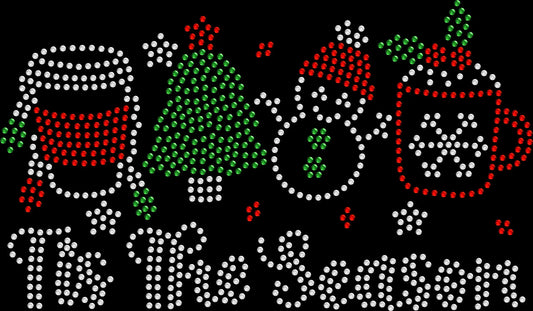 ’Tis the Season Christmas shirt featuring a snowman, decorated tree, coffee and hot cocoa design in sparkling rhinestones or holographic spangles.