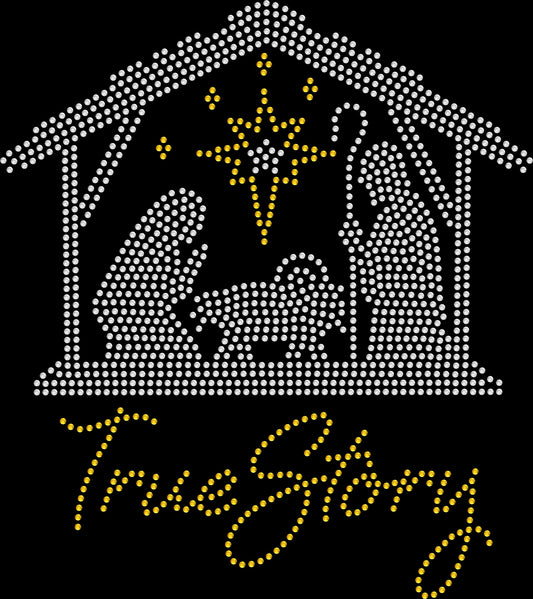 Rhinestone Christmas shirt featuring Baby Jesus in a manger nativity scene with sparkling stones and the words ‘True Story,’ faith-based holiday Christian tee.