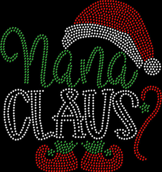 Sparkling Nana Claus Christmas shirt for grandmothers, available in premium glass rhinestones or colorful holographic spangles on multiple apparel styles.
